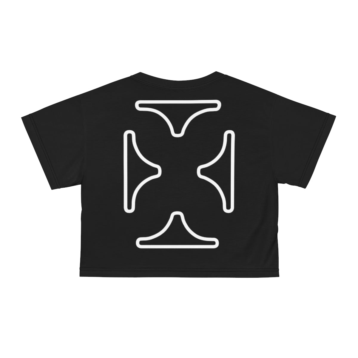 Back of Black Devoto crop top with White graphic