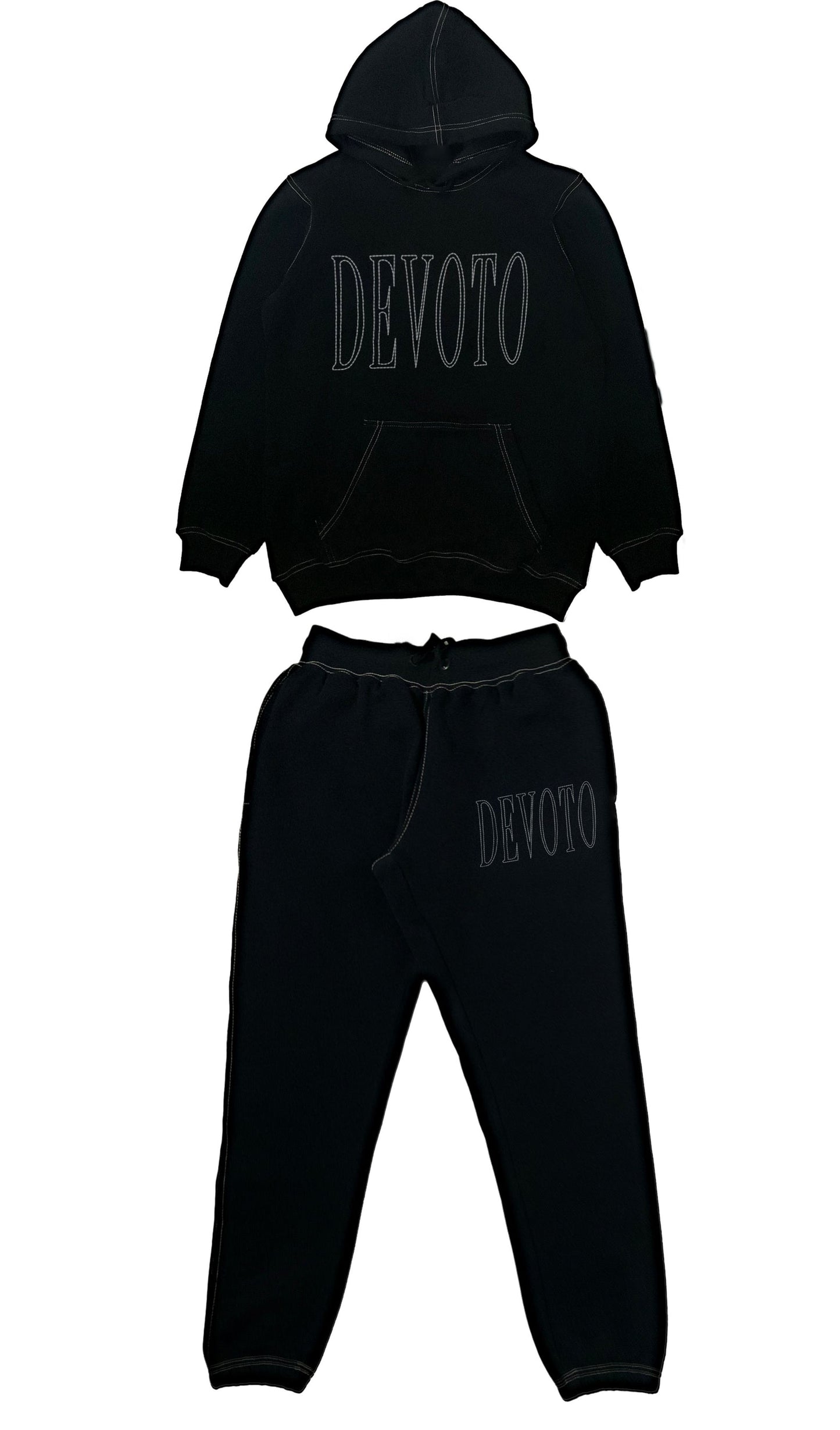 Contrast Stitch Hooded Tracksuit - Black Full Set