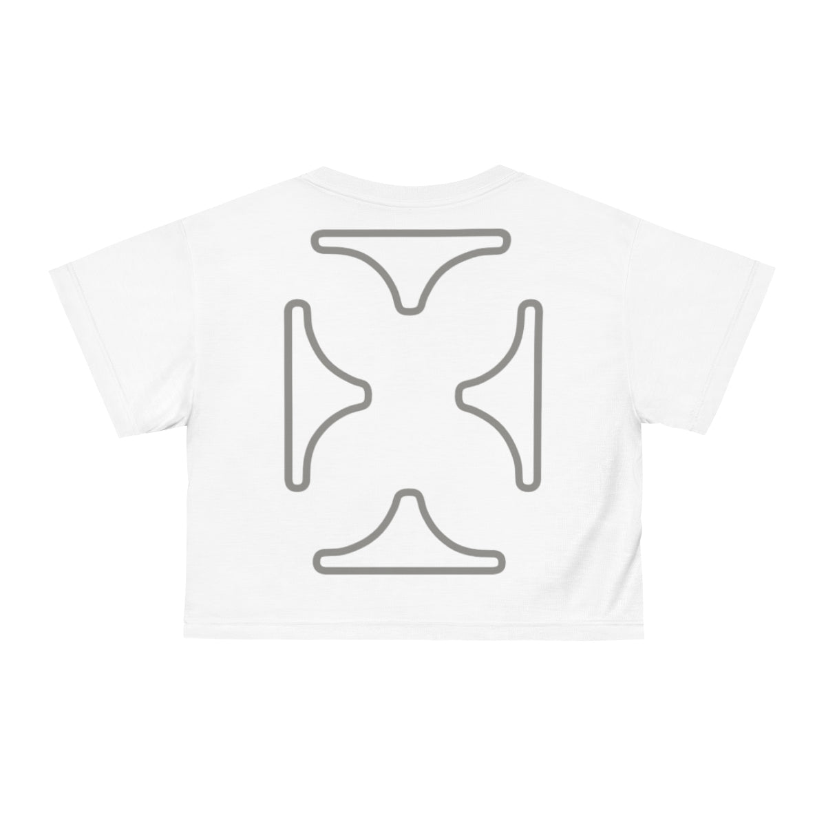 Back of white Devoto crop top with Grey writing