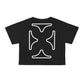 Back of Black Devoto crop top with White graphic