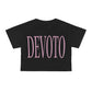 Front of Black Devoto crop top with Pink writing