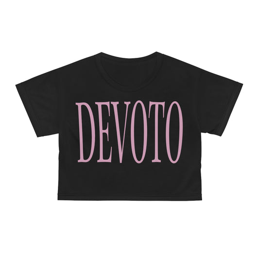 Front of Black Devoto crop top with Pink writing