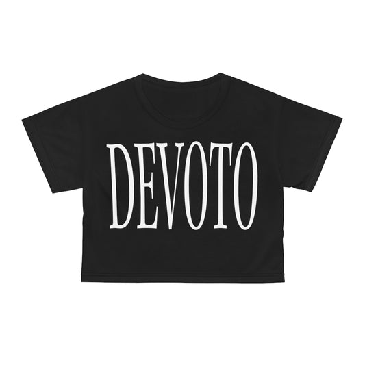 Front of Black Devoto crop top with White writing