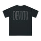 Front of Black Devoto T- shirt with Dark Grey writing