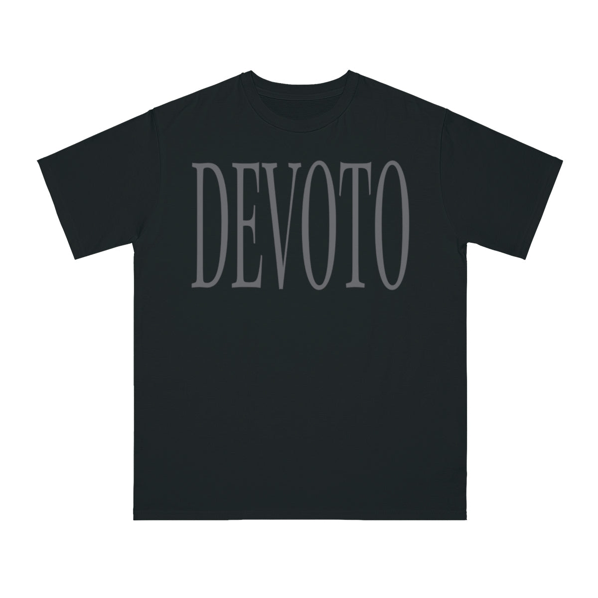 Front of Black Devoto T- shirt with Dark Grey writing