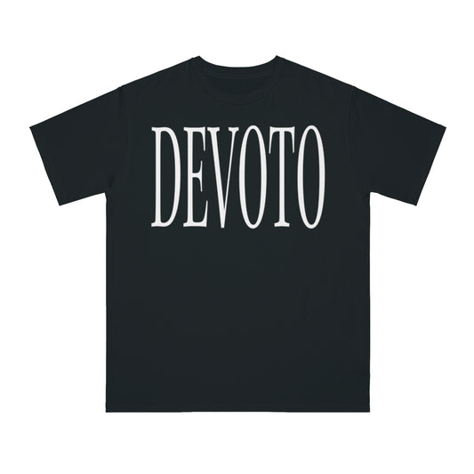 Front of Black Devoto T- shirt with White writing
