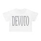 Front of white Devoto crop top with Grey writing