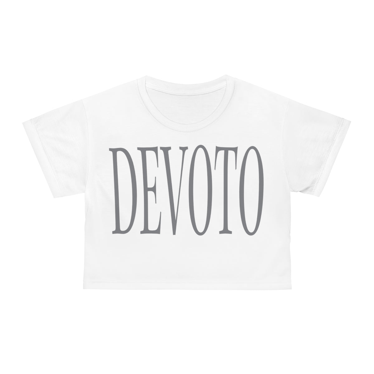 Front of white Devoto crop top with Grey writing